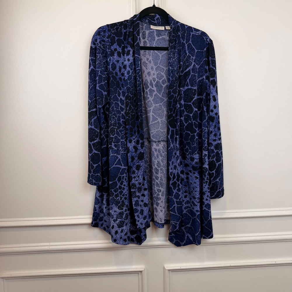 Susan Graver Blue Black Giraffe Animal Print Open Front Cardigan A237823 1X